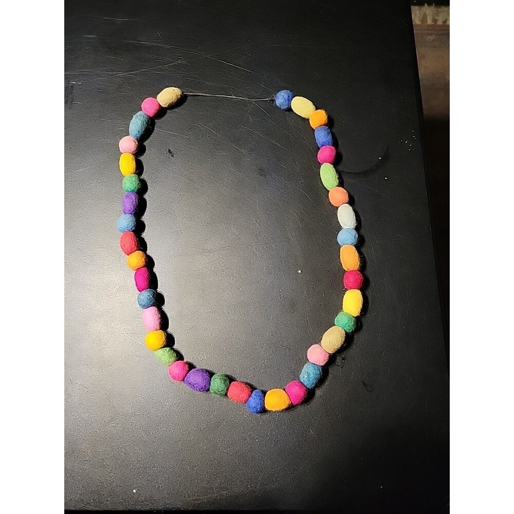 Vtg Colorful Rainbow Felted Wool Ball Beaded Statement Necklace Estate Sale Long